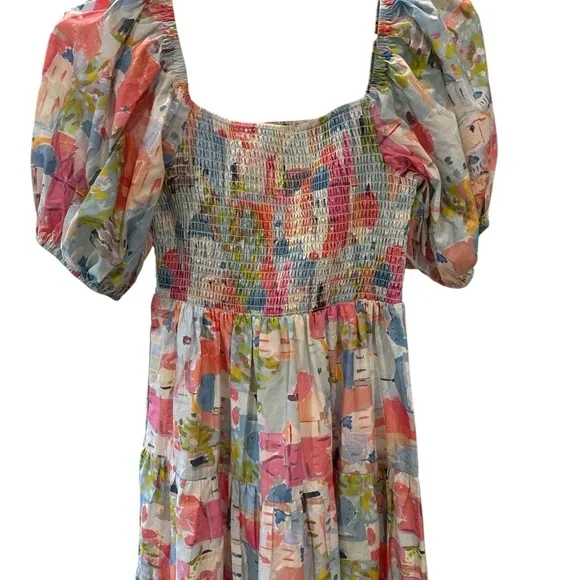 Pinch Pink and Green Smocked Puff Sleeve Tiered Sundress Size M, Pre-Owned EUC - Picture 3 of 7